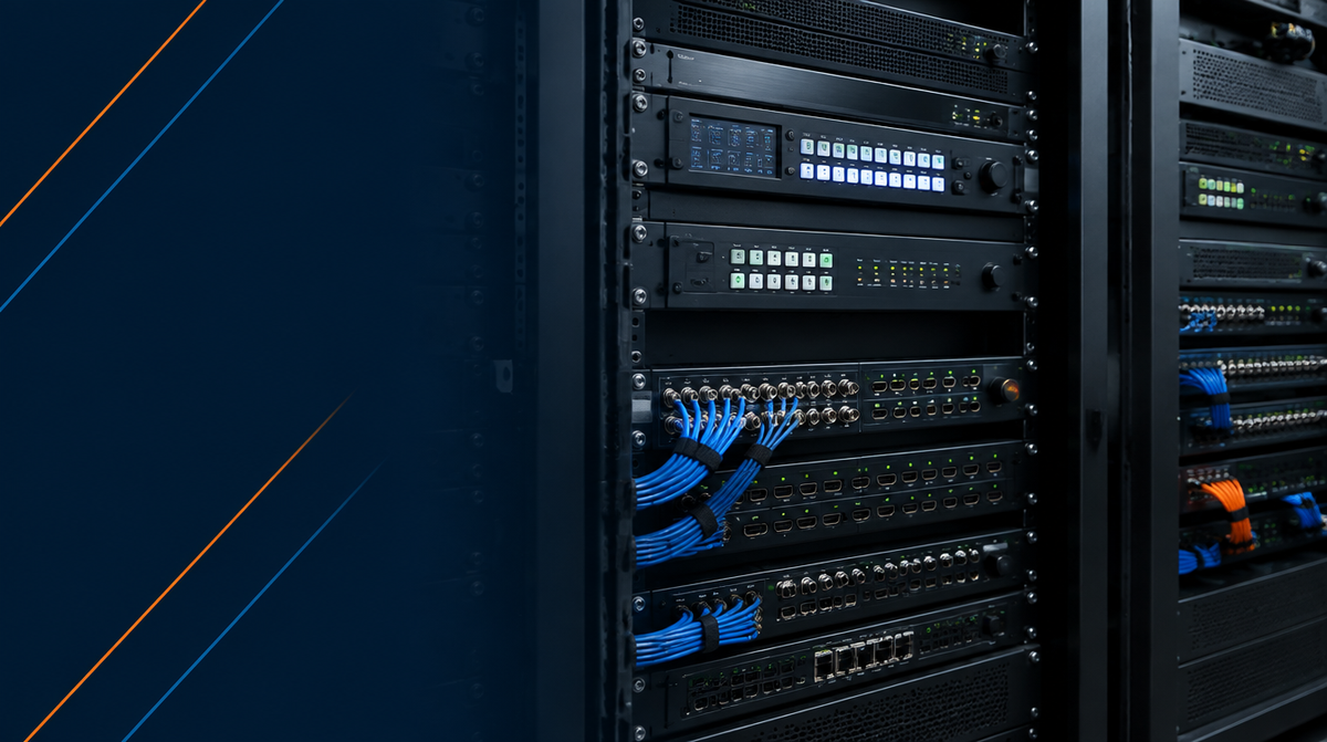 AV Switching and Signal Distribution — hero banner featuring professional AV equipment rack with rack-mounted video switchers and signal distribution matrix units, neatly cabled with status lights glowing | Corporate AV India