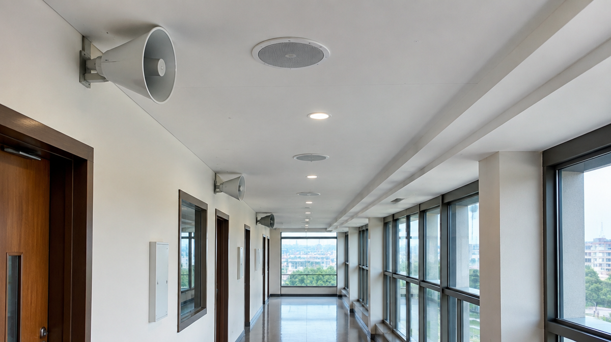 TOA public address speakers installed in a modern Indian commercial building corridor by Corporate AV