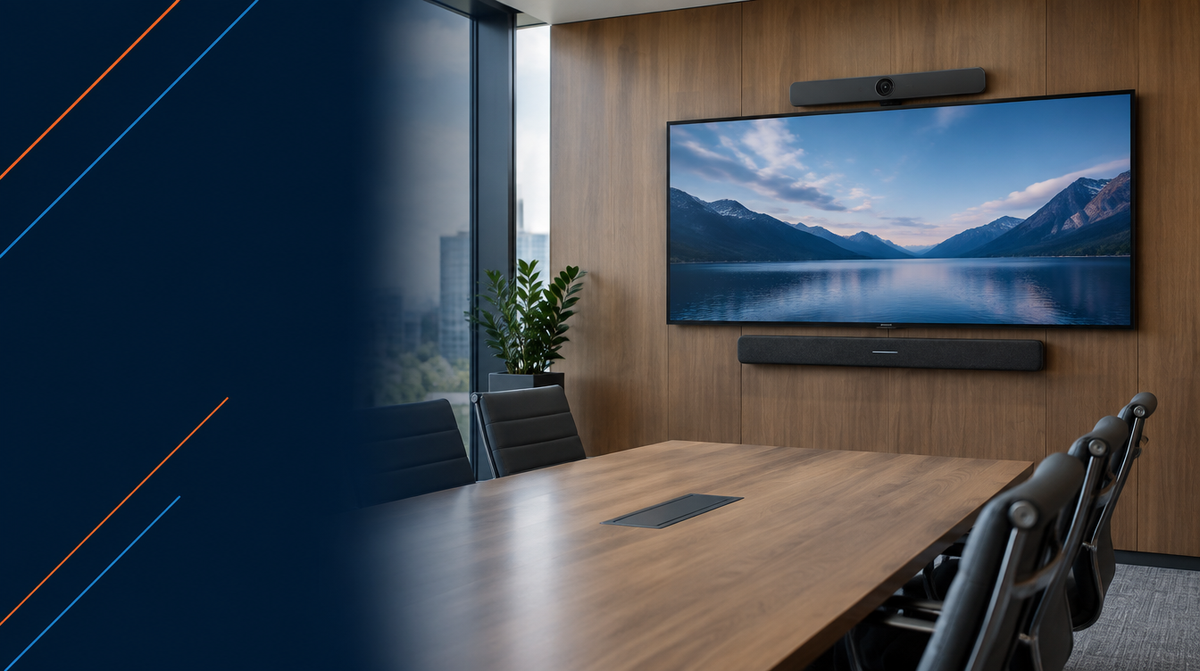 Video Conferencing Systems for India — hero banner featuring modern video conferencing room with a large display, camera bar, and professional soundbar mounted below the screen on a wood-paneled wall