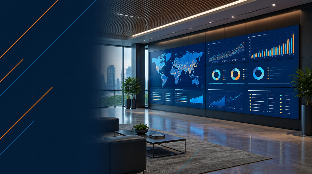 Video Wall Displays for India's Enterprises — hero banner featuring modern corporate lobby or control room with a large modular video wall made of multiple seamless display panels showing vibrant dashboard content