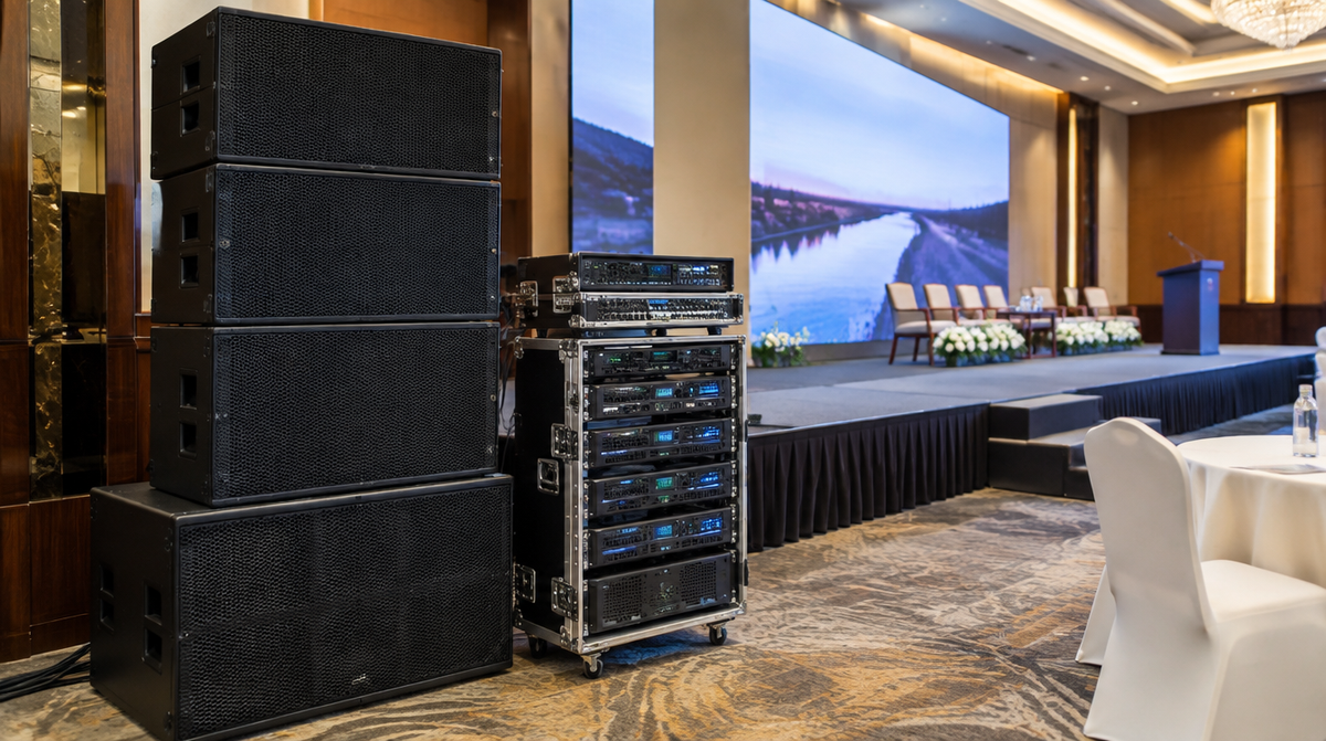 Yamaha professional commercial audio equipment installed in a modern Indian event space by Corporate AV