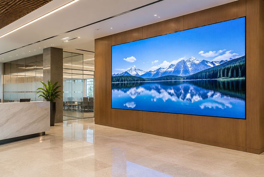 All-in-one LED display installed in a modern Indian corporate lobby