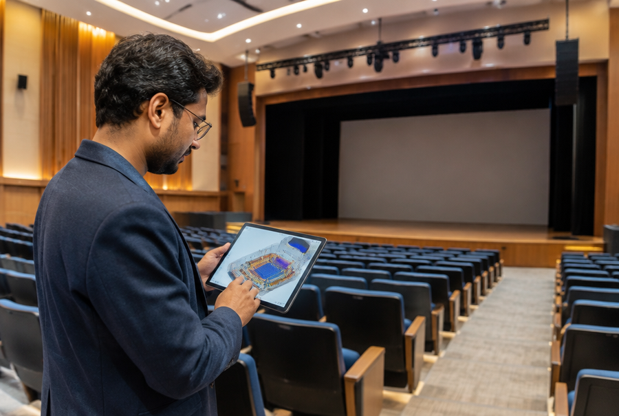 AV consultant reviewing an auditorium acoustic and projection design plan on a tablet for a large venue in India