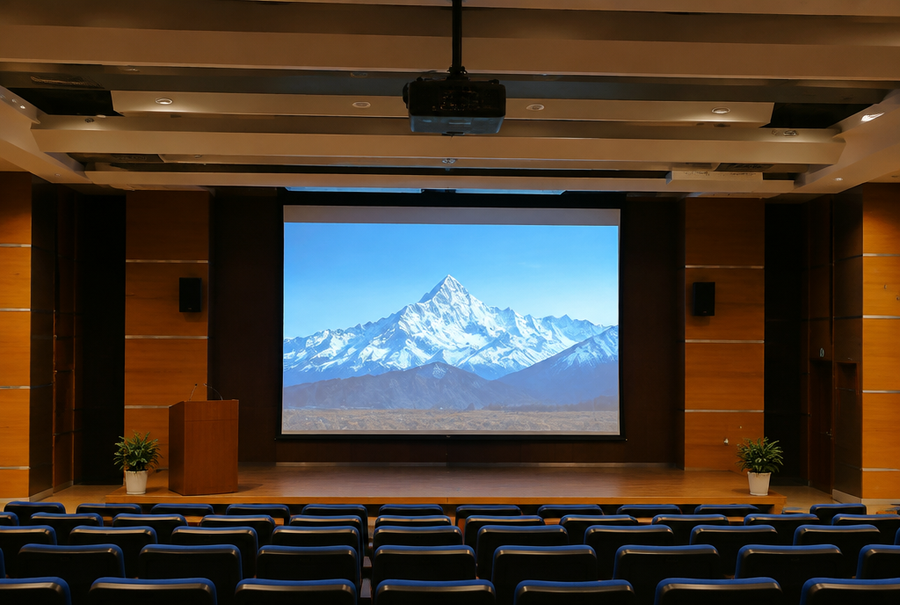 Auditorium video projection system in India with a large screen and ceiling-mounted projector for presentations