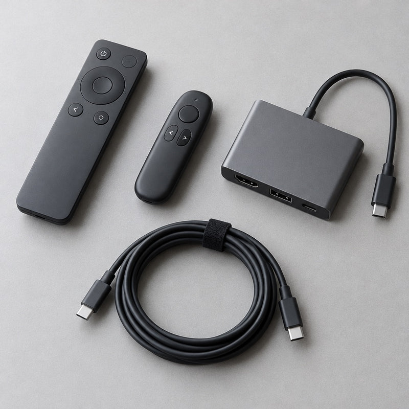 AV accessories including a remote, presentation button, docking adapter and cable, from Corporate AV in India