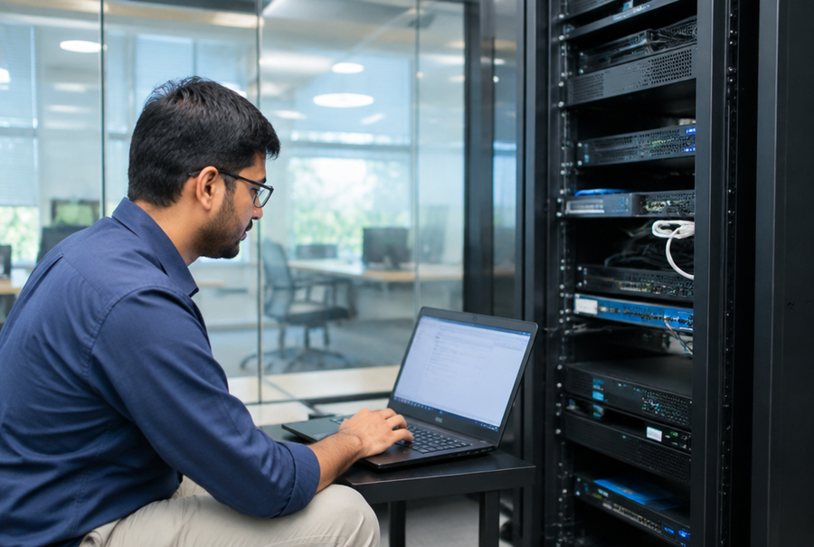 AV engineer completing commissioning documentation for a corporate project in India