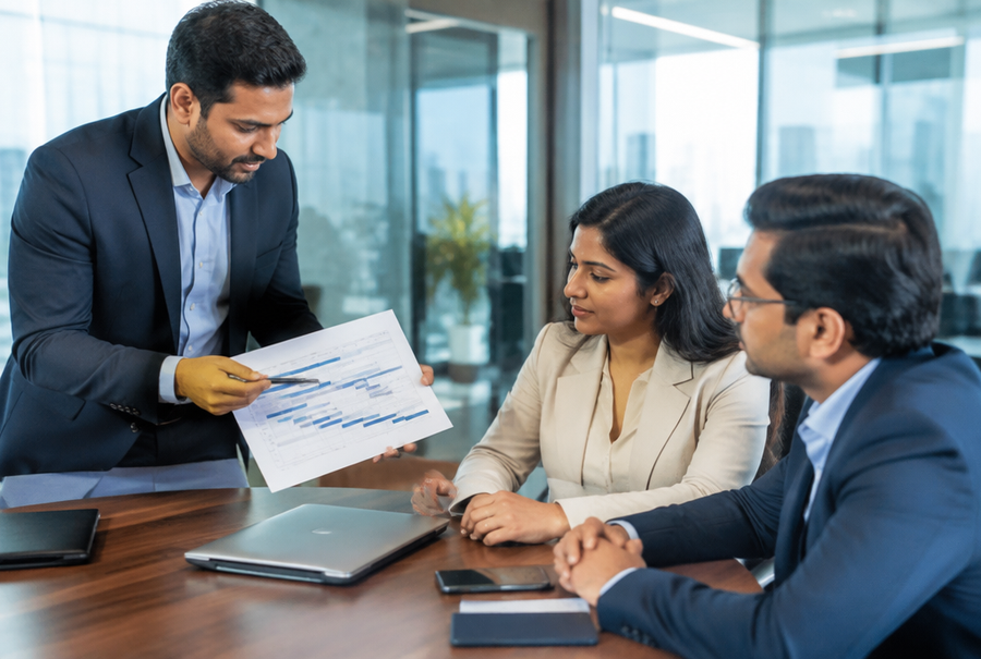AV consultant presenting a technology roadmap report to a corporate client in India