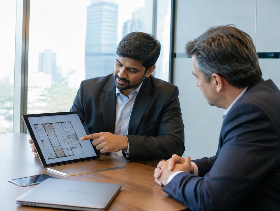 AV consultant reviewing a meeting room floor plan with a corporate client in India