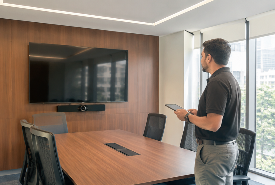 AV consultant assessing a corporate meeting room during an on-site survey in India