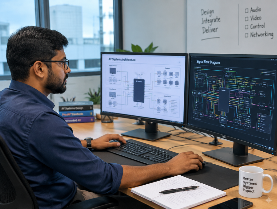 AV design engineer working on system architecture and signal flow diagrams on dual monitors