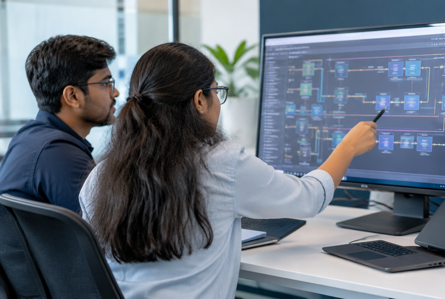 AV design engineers reviewing signal flow schematics on a monitor in India