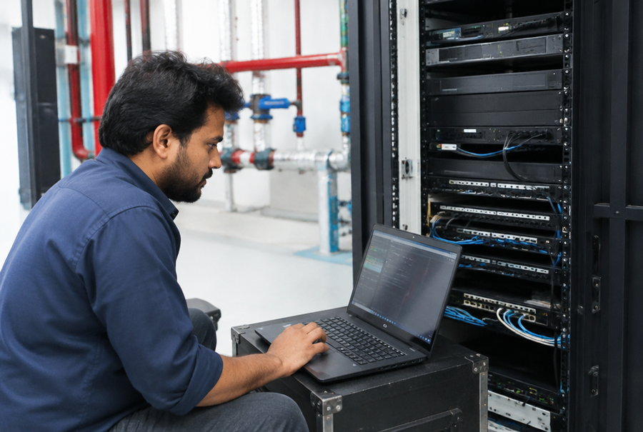 AV engineer testing rack-mounted equipment on a corporate project site in India