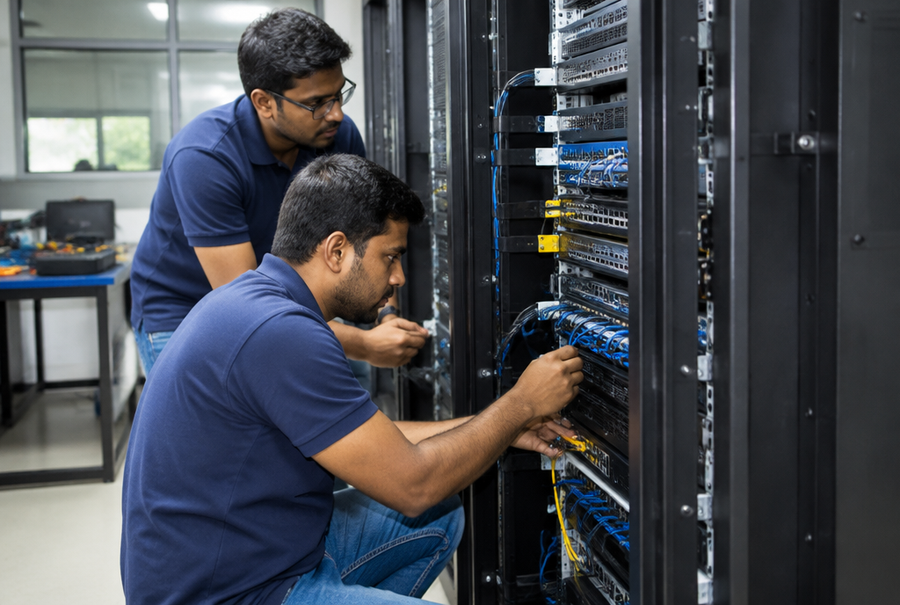 AV engineers assembling and wiring an equipment rack in India