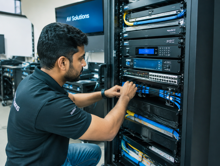 AV engineer organizing cabling on a rack-mounted audio-video equipment system
