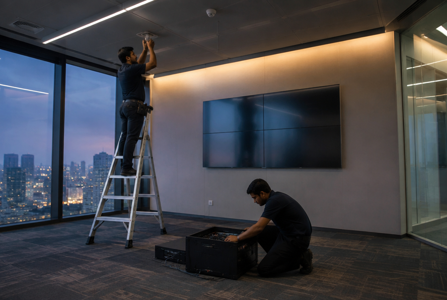 AV installation team working after hours in a corporate office in India