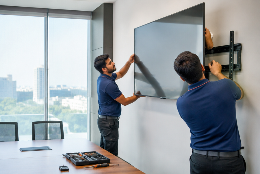 AV technicians mounting a display panel during installation in India