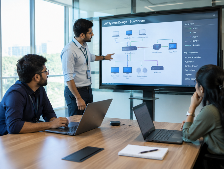 AV integration engineers reviewing a system design on a touchscreen display in a corporate boardroom in India