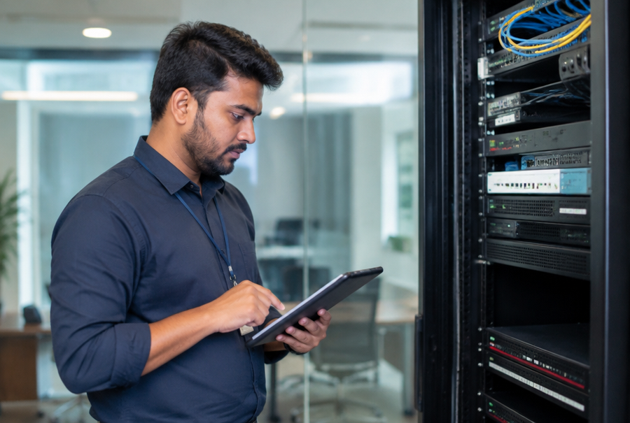AV maintenance technician completing an AMC service checklist in India