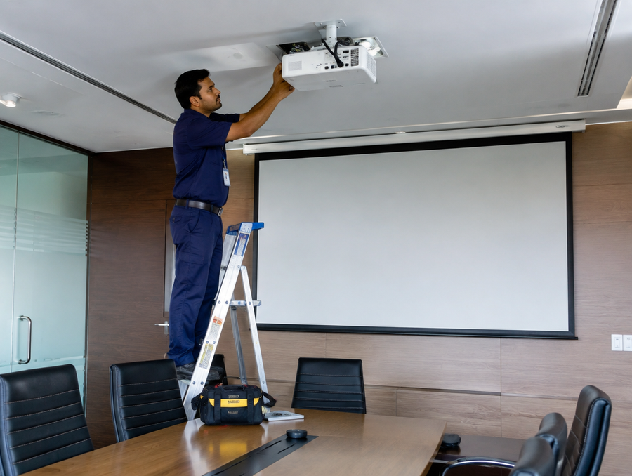 AV maintenance technician servicing a ceiling-mounted projector in a corporate boardroom