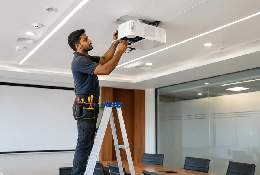 AV maintenance technician servicing a conference room projector in India