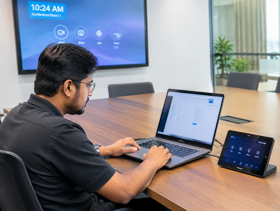AV technician programming a touch control panel for a smart conference room