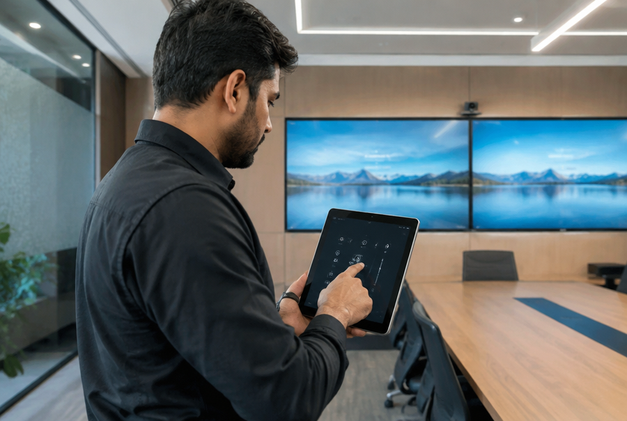 AV engineer testing a configured control system before handover in India