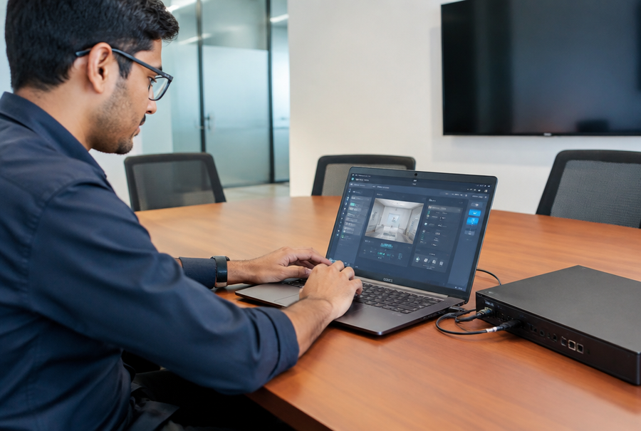 AV engineer programming a touch panel control system in India