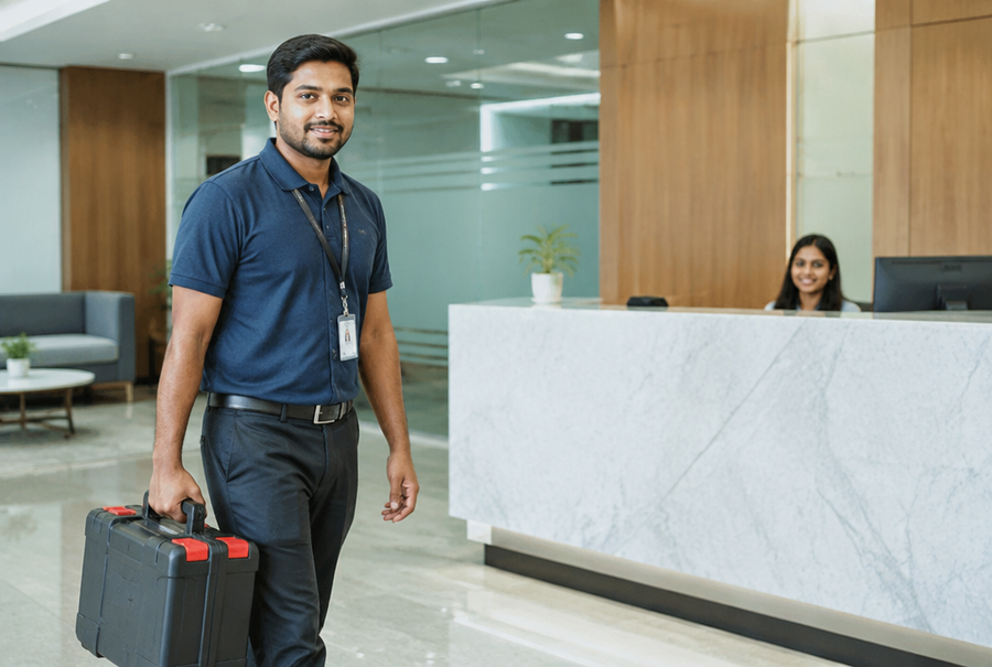 AV support technician arriving onsite for a service call in India