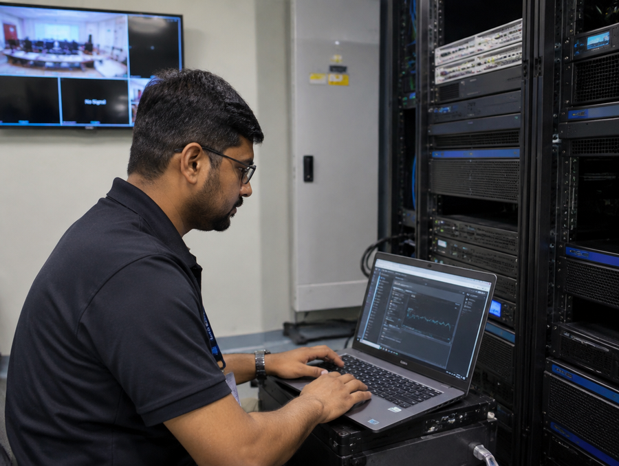 AV support engineer troubleshooting equipment on-site in a control room