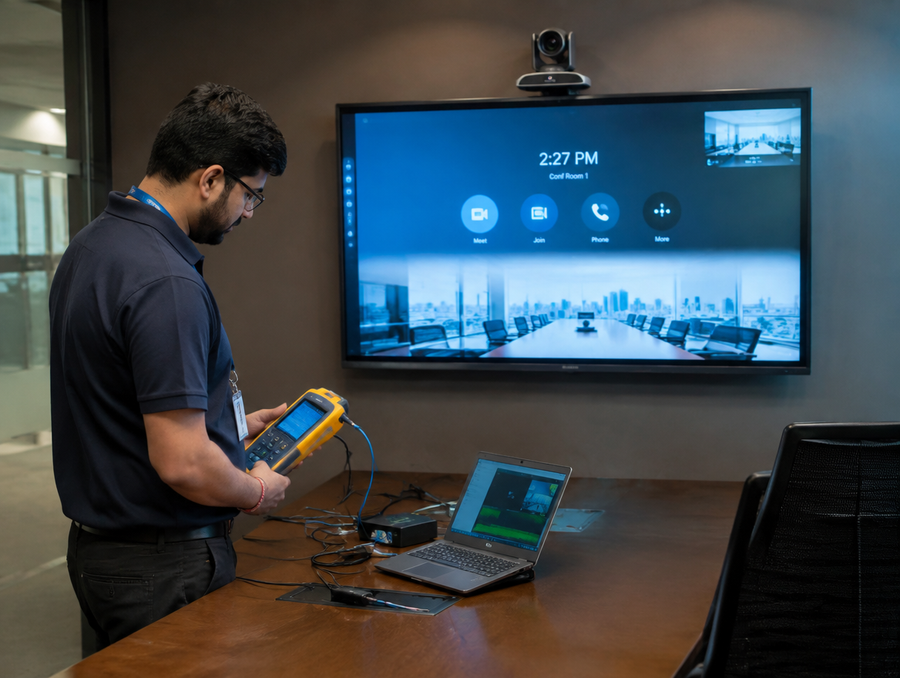 AV technician testing a video conferencing display and camera setup in a boardroom