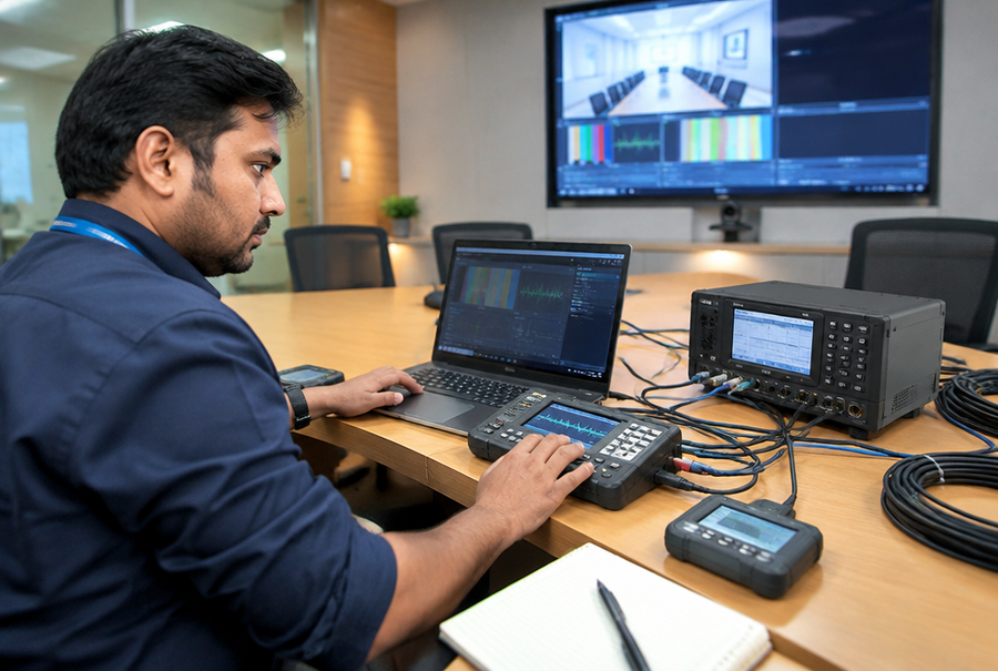 AV engineer performing signal testing with audio analysis equipment in India