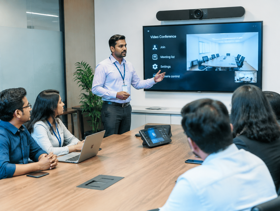 AV trainer demonstrating a conference room touch panel to corporate employees in India
