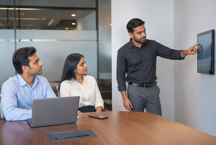 AV trainer teaching corporate staff to use a meeting room control system in India