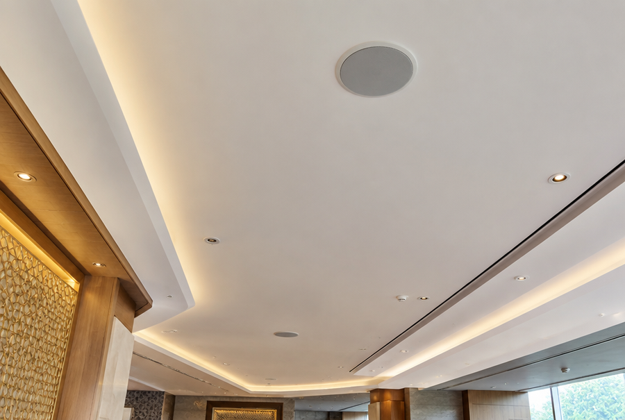 Ceiling speaker system in India providing background music audio in a commercial space