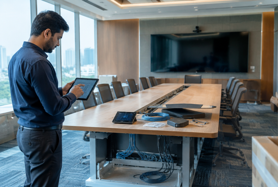 AV design engineer reviewing a boardroom integration plan on a tablet, planning hidden cable routing and control panel placement for a corporate boardroom in India