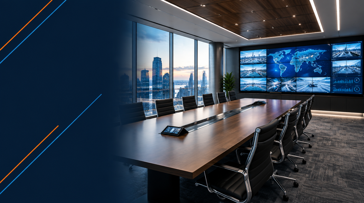 AV Technology Brands We Supply and Integrate in India — hero banner featuring an executive boardroom blended with a command center video wall, representing the range of the professional AV industry