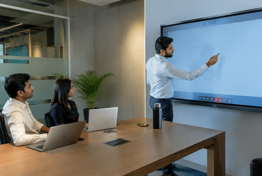 Interactive display in an Indian corporate office used for business collaboration and presentations