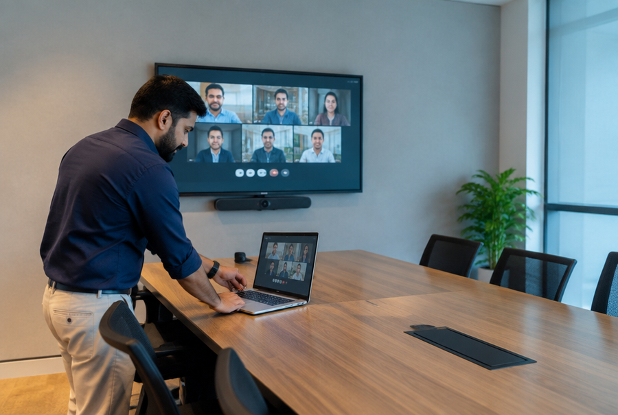 BYOD meeting room in India where employees connect their own laptops to the room display