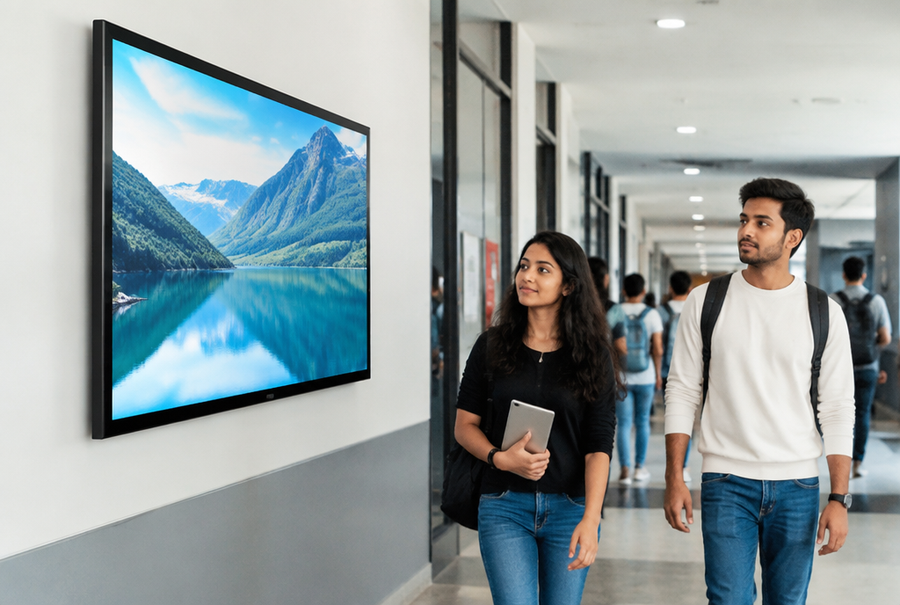 Campus-wide AV integration in India showing a digital display in a modern educational building corridor