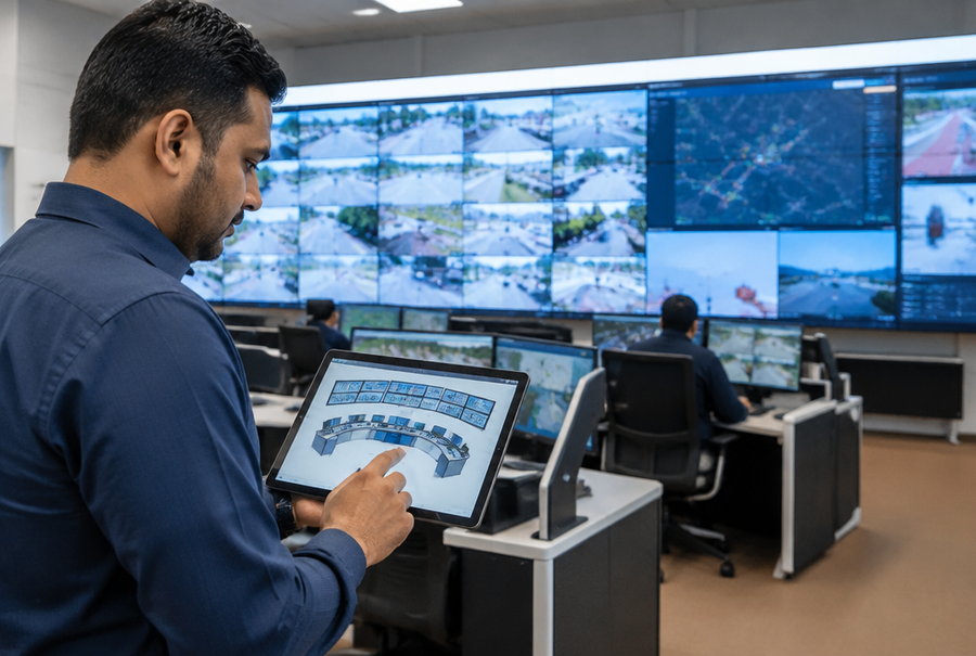 AV engineer planning a command centre video wall and operator console layout on a tablet in India
