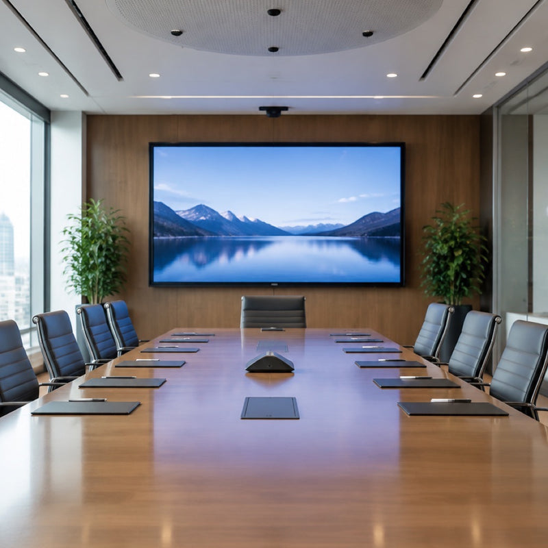 Large commercial display on the wall of an executive boardroom, supplied by Corporate AV in India