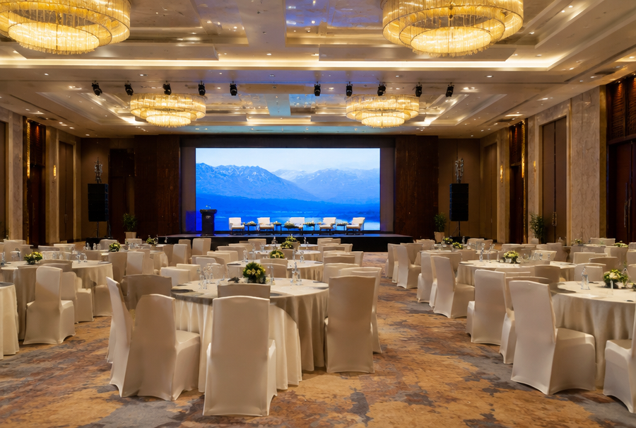 Hotel conference and banquet hall in India with a large display and audio system for corporate events