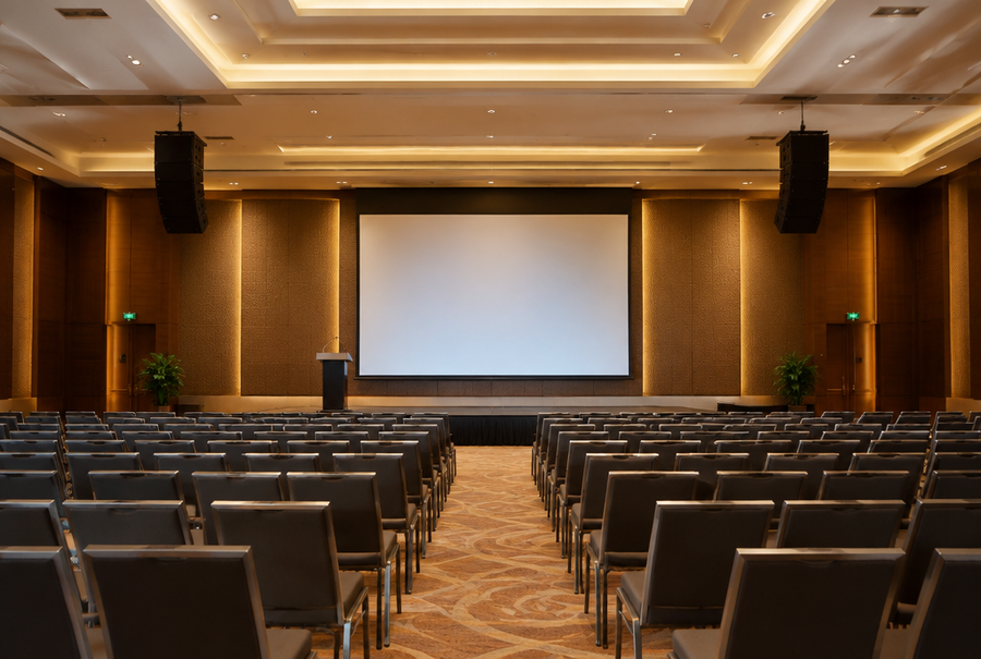 Large conference hall in India with a projection screen, PA speakers, and rows of seating set up for a corporate event