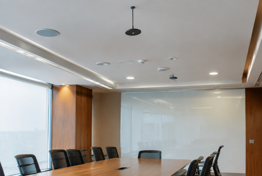 Conference room audio system in India with ceiling microphones for clear voice pickup