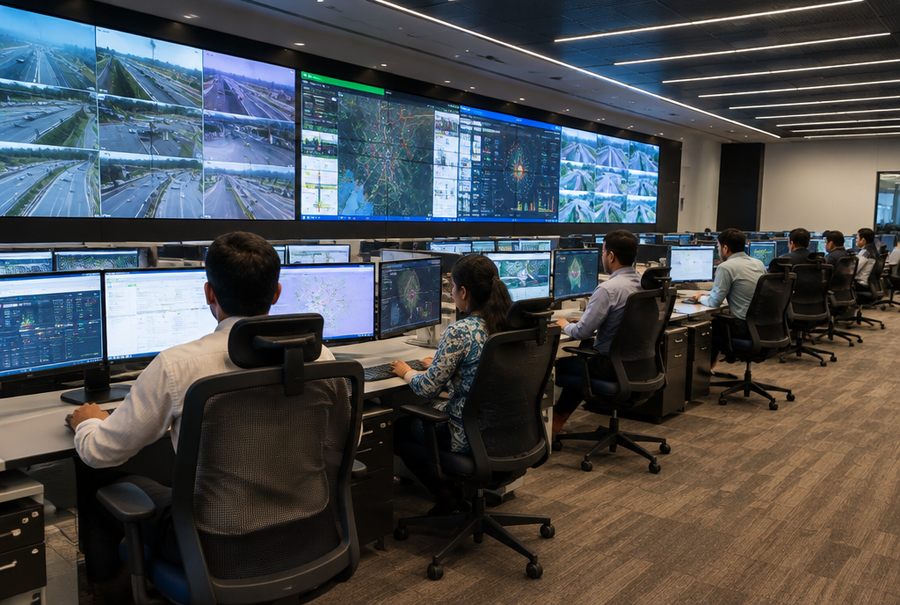 Professional control room AV integration in India with a large video wall and operator workstations