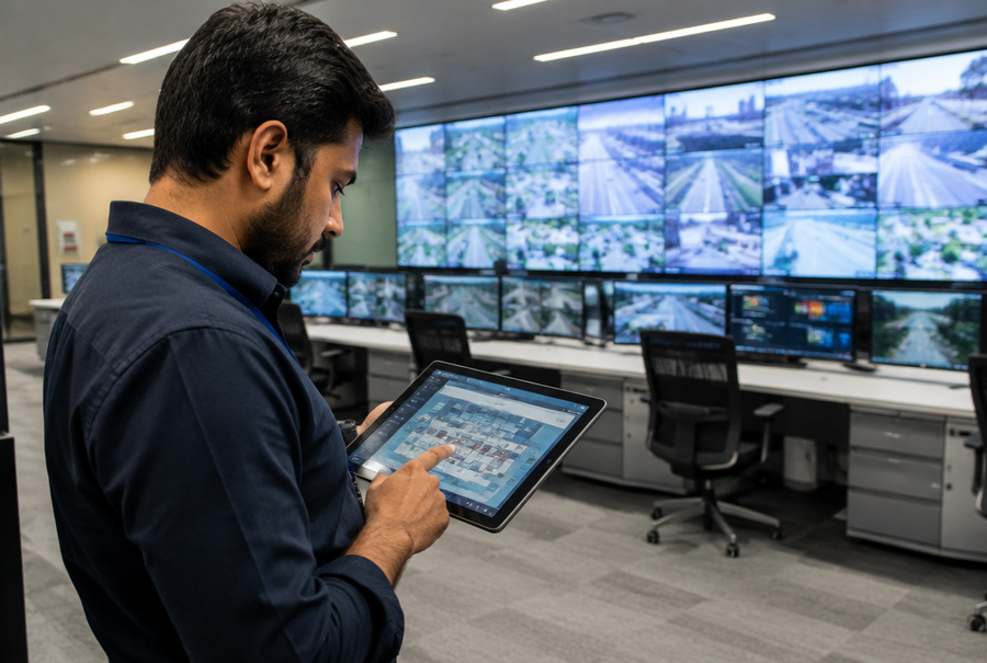 AV engineer planning a 24/7 control room video wall and console layout on a tablet in India
