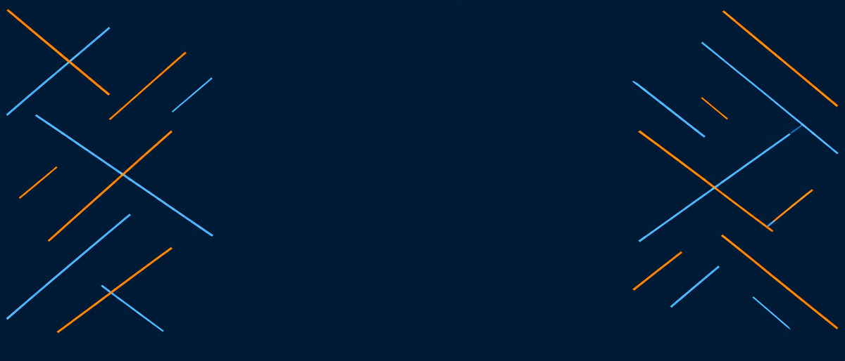 Corporate AV brand graphic background — abstract orange and blue diagonal line accents on a dark navy backdrop