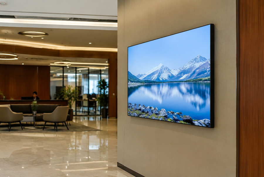 Corporate digital signage display in India showing company announcements in a modern office lobby