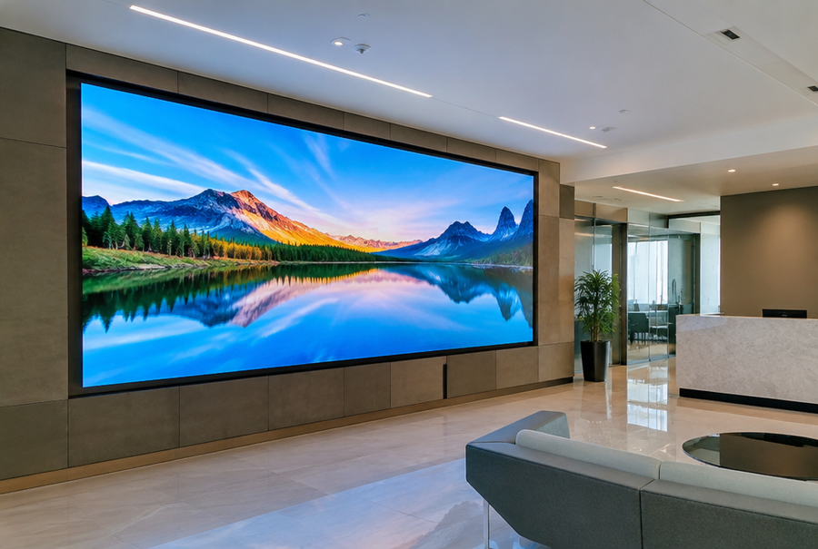 Corporate LED display wall in India installed in a modern office reception area