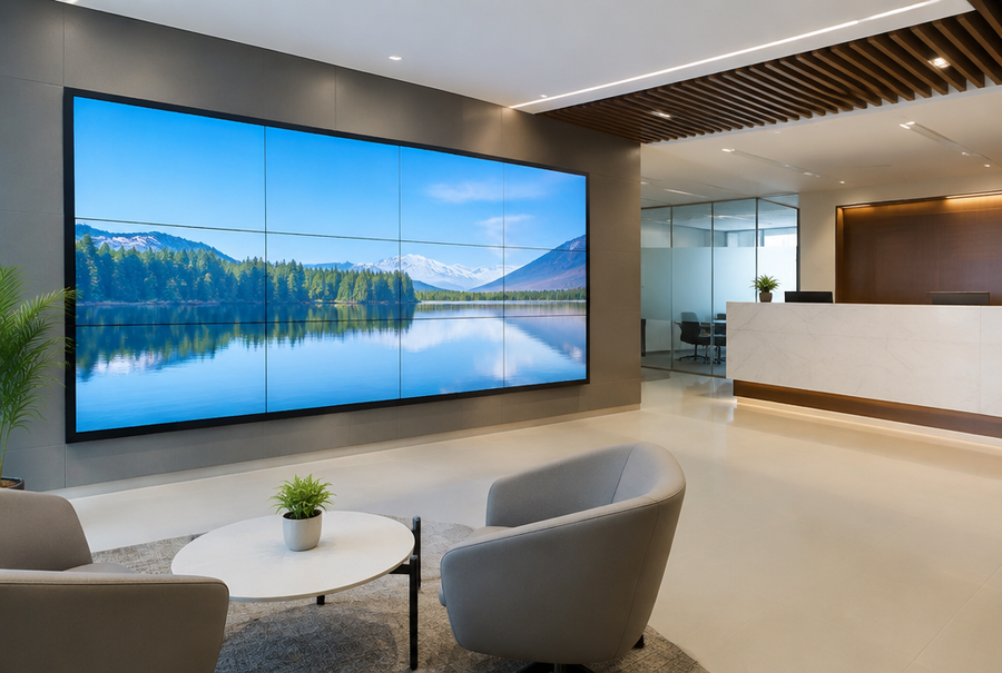 Corporate video wall in India installed in a modern office reception for branding and content